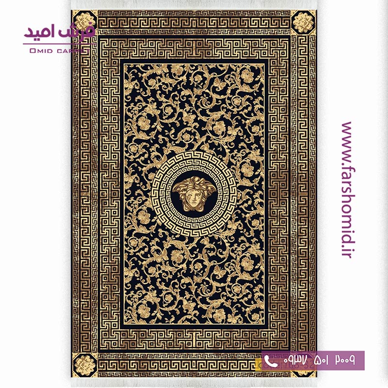 فرش وینتیج طرح ورساچه کد 16832 مشکی طلایی فرش برنتین