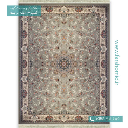 فرش ماشینی 1200 شانه گلبرجسته گل افشان ماهرو طوسی قالی کشمیر