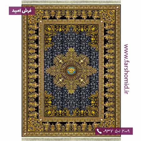 فرش ماشینی 1200 شانه 8 رنگ ورساچه مشکی طلایی فرش سورنا
