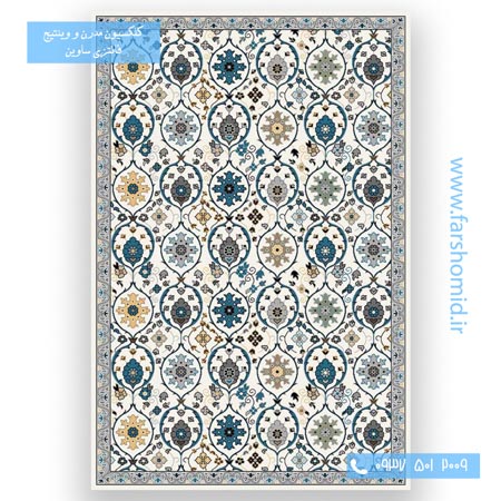 فرش ماشینی طرح 4048 کرم آبی کلکسیون ویژن فرش ساوین