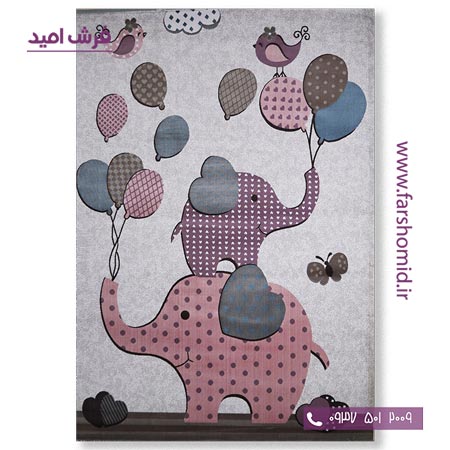 فرش ماشینی فیل و بادکنک کرم صورتی طرح 5015 کودک فرش آنا