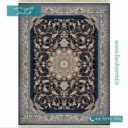 فرش ماشینی 700 شانه ۸ رنگ اصل گلبرگ مشکی قالی کشمیر
