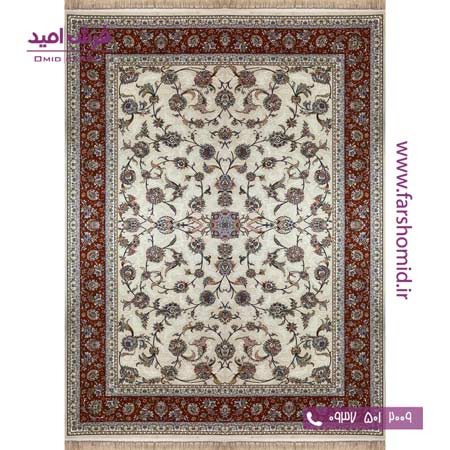 فرش ماشینی 700 شانه گلبرجسته سپیدار گل افشان کرم حاشیه پیازی فرش ملل