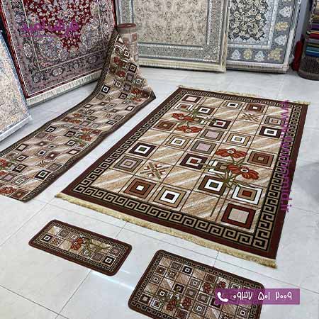 فرش کناره و گلیم پله طرح خشتی قهوه ای کد 752 گلیم وندا
