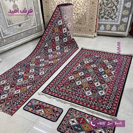 فرش کناره و گلیم پله طرح خشتی سرمه ای کد 803 گلیم وندا