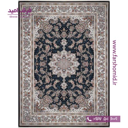 فرش ماشینی 1200 شانه گلبرجسته جواهر سرمه ای فرش ملل