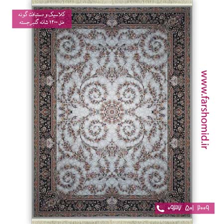 فرش ماشینی 1200 شانه گلبرجسته گل افشان رویا نقره ای حاشیه سرمه ای فرش ملل