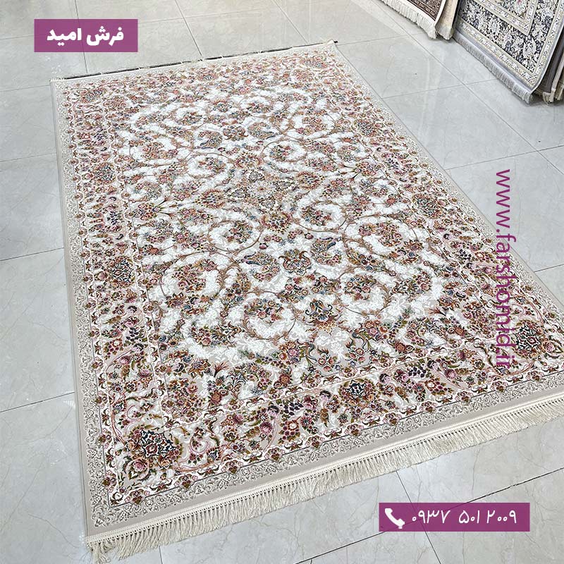 فرش ماشینی 1200 شانه گلبرجسته گل افشان شاهکار نقره ای فرش ملل