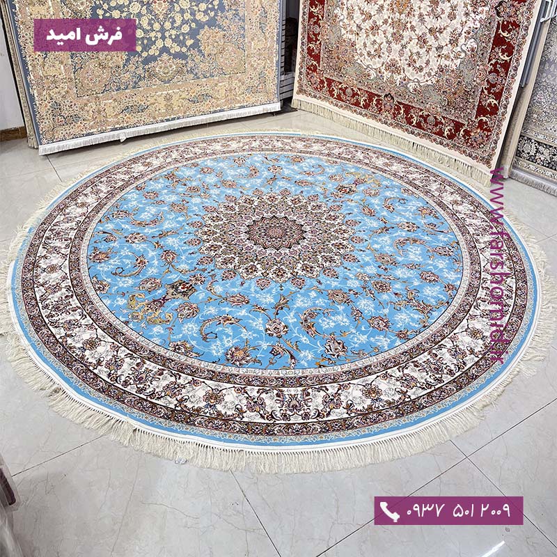 فرش ماشینی دایره 1200 شانه 8 رنگ اصفهان آبی قالی کشمیر