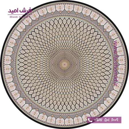فرش ماشینی دایره 1200 شانه 8 رنگ گنبد مشکی حاشیه کرم قالی کشمیر