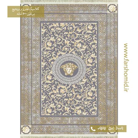 فرش وینتیج طرح ورساچه کد 7702614 طوسی طلایی فرش برنتین