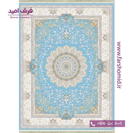 فرش ماشینی 1200 شانه گلبرجسته سوگل آبی قالی کشمیر