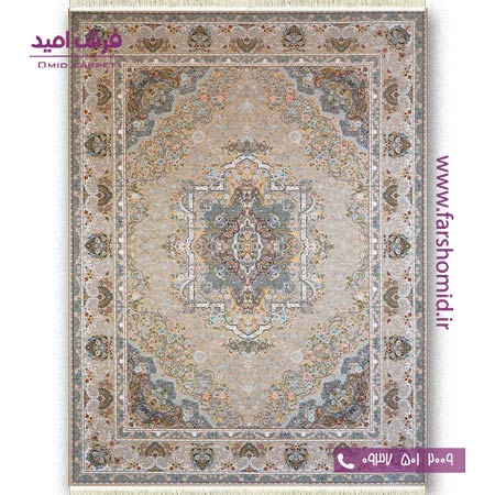 فرش ماشینی 1200 شانه گلبرجسته آرامش بژ حاشیه بژ قالی کشمیر