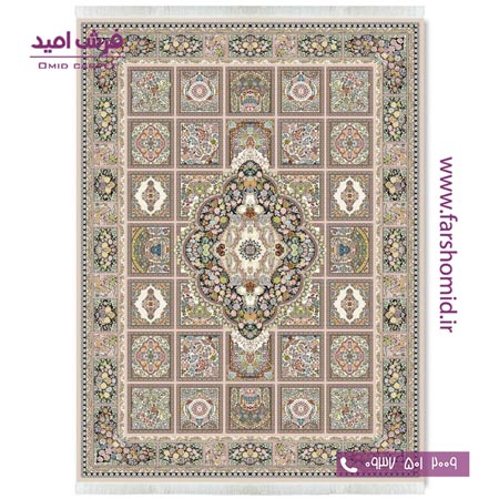 فرش ماشینی 700 شانه ۸ رنگ اصل گلستان خشتی نسکافه ای قالی کشمیر