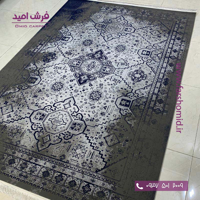 فرش ماشینی مدرن و پتینه کد 40108sn نقره ای سرمه ای فرش سیزان