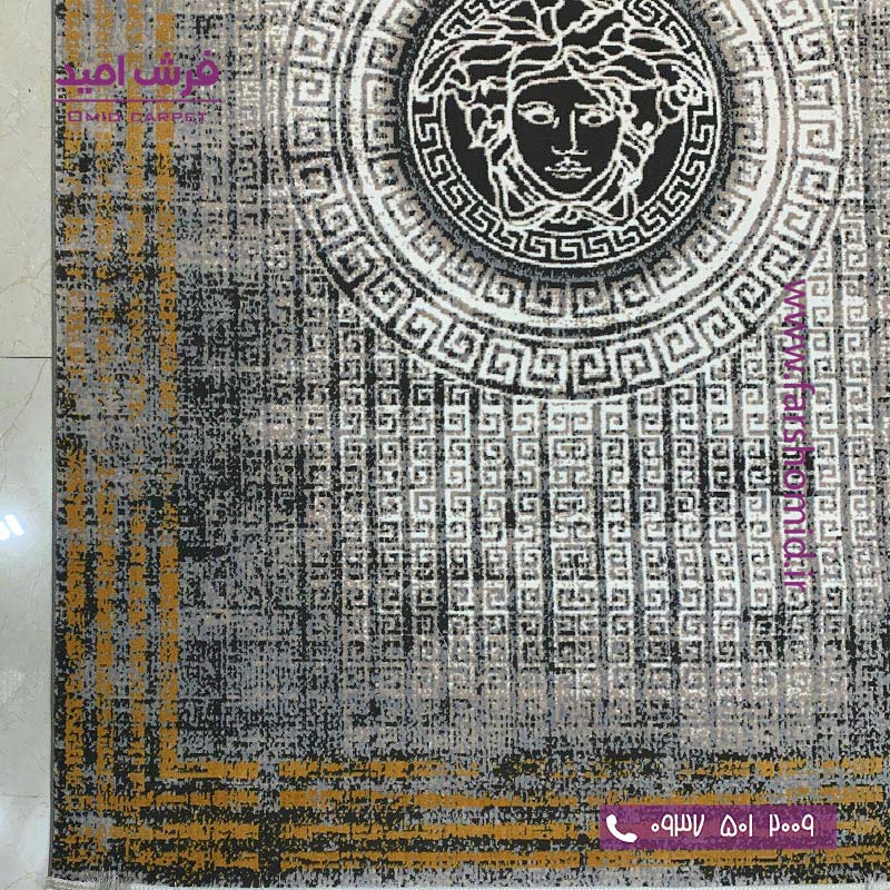 فرش ماشینی مدرن و پتینه ورساچه کد 40110n نقره ای طلایی فرش سیزان