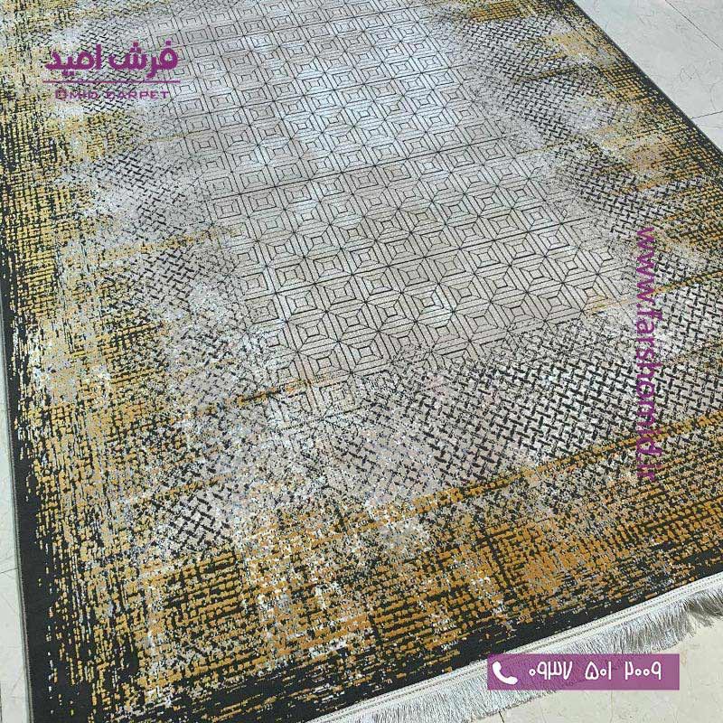 فرش ماشینی مدرن و پتینه کد 40128nt نقره ای طلایی فرش سیزان