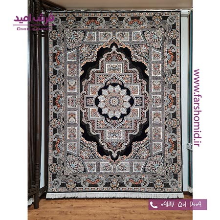 فرش ماشینی 700 شانه 10 رنگ اصل حوض نقره خشتی مشکی قالی کشمیر