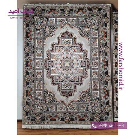 فرش ماشینی 700 شانه 10 رنگ اصل حوض نقره خشتی طوسی قالی کشمیر
