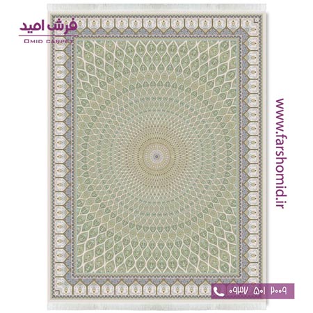فرش ماشینی 1200 شانه گلبرجسته افشان گنبد بژ _ سبز قالی کشمیر