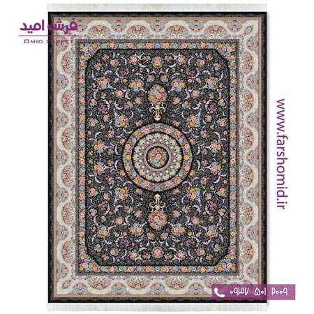 فرش ماشینی 1200 شانه 8 رنگ گل افشان مشکی قالی کشمیر