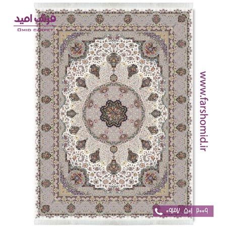 فرش ماشینی 1200 شانه 8 رنگ گل نوش کرم حاشیه طوسی قالی کشمیر