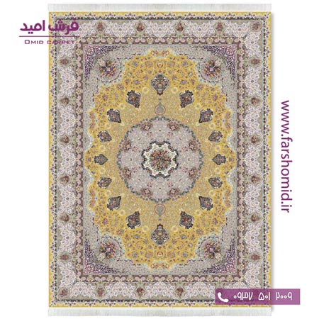 فرش ماشینی 1200 شانه 8 رنگ گل نوش زرد قالی کشمیر