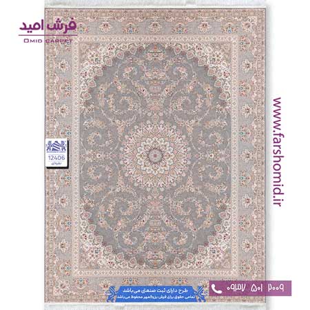 فرش ماشینی 1200 شانه 8 رنگ لچک ترنج دلسا کد 1240۶ نقره ای فرش بزرگمهر