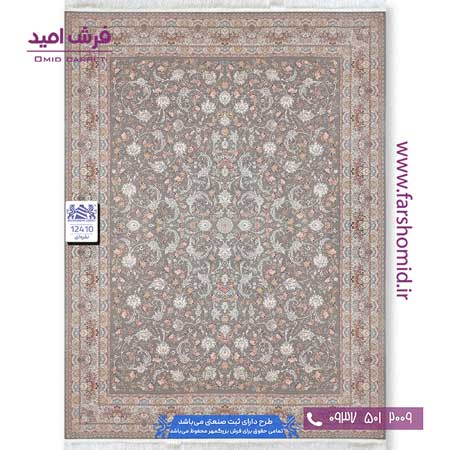 فرش ماشینی 1200 شانه 8 رنگ گل افشان دلسا کد 12410 نقره ای فرش بزرگمهر