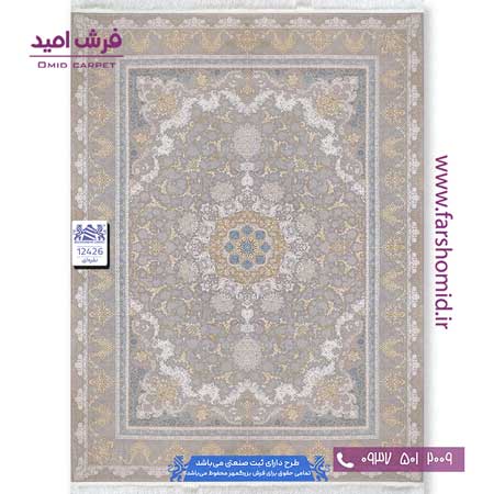 فرش ماشینی 1200 شانه 8 رنگ لچک ترنج دلسا کد 124۲۶ نقره ای فرش بزرگمهر