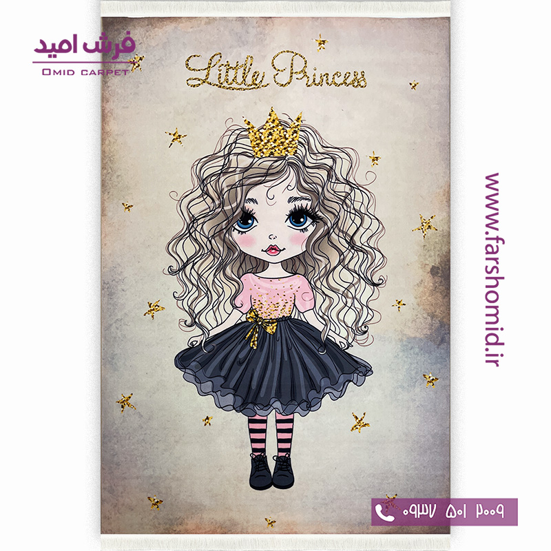 فرش ماشینی 700 شانه طرح دختر مو فرفری 101229 کرم طوسی کودک و نوجوان کلاریس محتشم