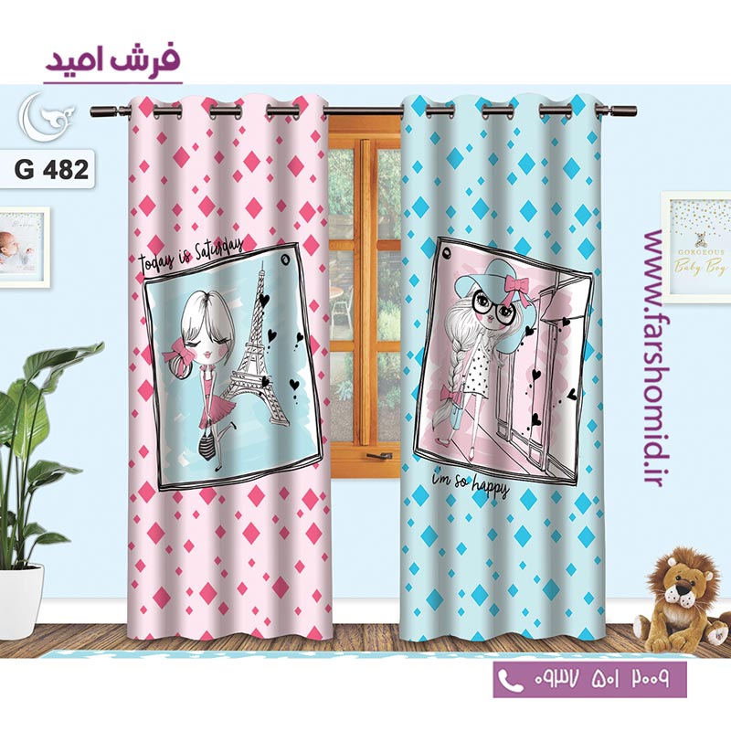 یک جفت پنل پرده پانچی دوخت شده و آماده نصب طرح دخترانه ایفل کد 482