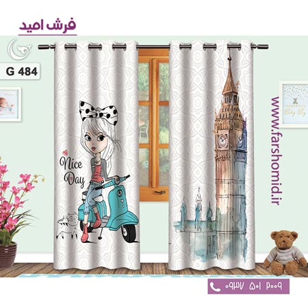 یک جفت پنل پرده پانچی دوخت شده و آماده نصب طرح دختر متور سوار کد 484