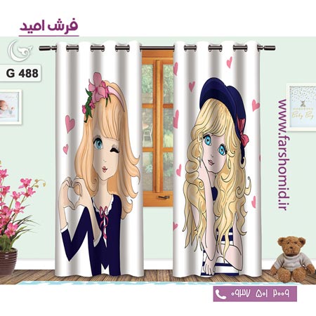 یک جفت پنل پرده پانچی دوخت شده و آماده نصب طرح دختر مو طلایی کد ۴۸۸