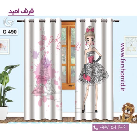 یک جفت پنل پرده پانچی دوخت شده و آماده نصب طرح دختر و برج ایفل کد ۴۹۰