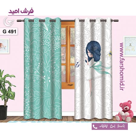 یک جفت پنل پرده پانچی دوخت شده و آماده نصب طرح دختر و قاصدک کد ۴۹۱