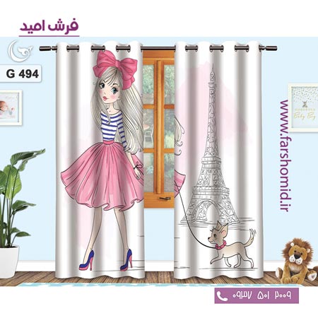 یک جفت پنل پرده پانچی دوخت شده و آماده نصب طرح دختر و برج ایفل کد ۴۹۴