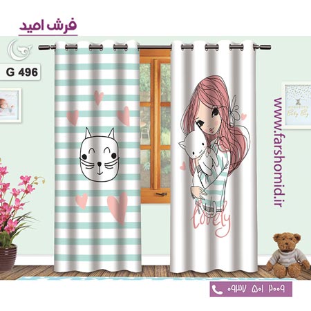 یک جفت پنل پرده پانچی دوخت شده و آماده نصب طرح دختر و گربه کد ۴۹۶