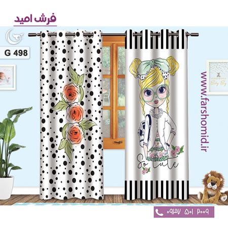 یک جفت پنل پرده پانچی دوخت شده و آماده نصب طرح دختر عینکی بامزه کد ۴۹۸