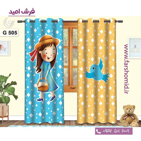 یک جفت پنل پرده پانچی دوخت شده و آماده نصب طرح دختر و پرنده کد ۵۰۵