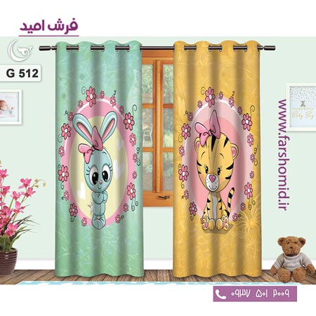 یک جفت پنل پرده پانچی دوخت شده و آماده نصب طرح گربه و خرگوش کد ۵۱۲
