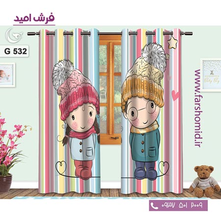 یک جفت پنل پرده پانچی دوخت شده و آماده نصب طرح دختر و پسر زمستانی کد ۵32