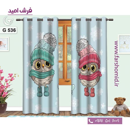 یک جفت پنل پرده پانچی دوخت شده و آماده نصب طرح جغد سرمایی کد ۵36