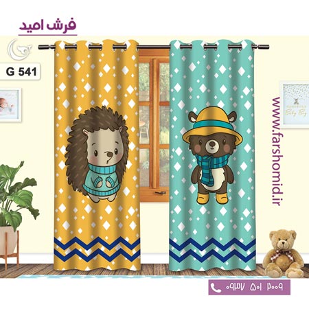 یک جفت پنل پرده پانچی دوخت شده و آماده نصب طرح جوجه تیغی و خرس کد ۵۴1