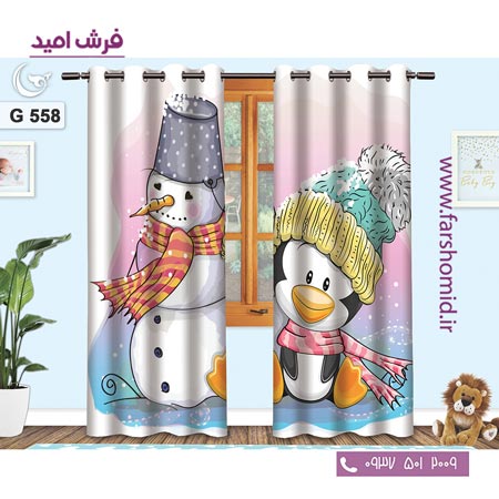 یک جفت پنل پرده پانچی دوخت شده و آماده نصب طرح آدم برفی و پنگوئن کد 558