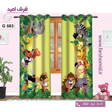 یک جفت پنل پرده پانچی دوخت شده و آماده نصب طرح حیوانات جنگل کد 583