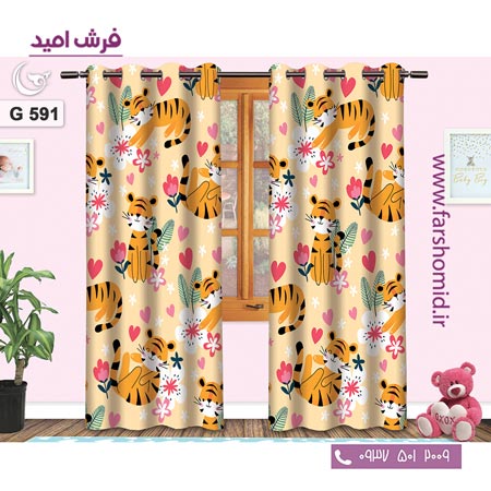 یک جفت پنل پرده پانچی دوخت شده و آماده نصب طرح ببر کد 591