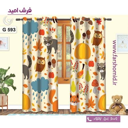 یک جفت پنل پرده پانچی دوخت شده و آماده نصب طرح حیوانات و میوه کد 593