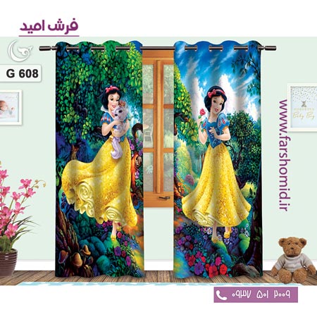 یک جفت پنل پرده پانچی دوخت شده و آماده نصب طرح سفید برفی کد 608
