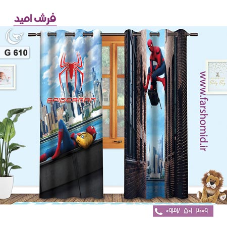 یک جفت پنل پرده پانچی دوخت شده و آماده نصب طرح اسپایدرمن کد 610